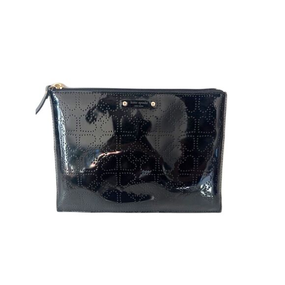 Kate Spade Metro Black Patent Hearts Pouch Clutch Makeup Bag Top Zip - Picture 1 of 7